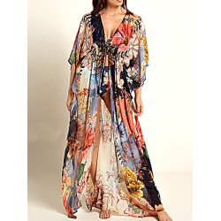 Floral Chiffon Half Sleeve Loose Long Cardigan Cover-Up Swimwear