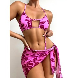 Floral Print Hollow Backless Bikini Swimwear+Cover-Up Three-Piece Set