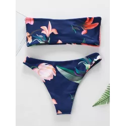 Floral-Print Bandeau Split Bikini Swimsuit