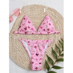 Floral-Print Triangles See-Through Spaghetti-Neck Split Bikini Swimsuit