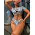 Padded Short Sleeves Bandage Hollow Leopard Bikini Swimsuit