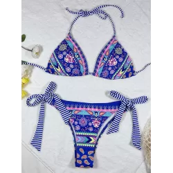 Halterneck Triangle Floral Drawstring Bikini Set