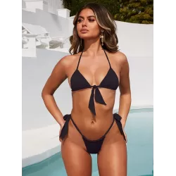 Padded Fluorescent Backless Bandage Solid Color Halter-Neck Bikini Swimsuit