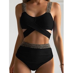 High-Waisted Hollow Leopard Sequined Split-Joint Padded Spaghetti-Neck Bikini Swimsuit