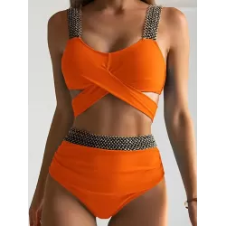 High-Waisted Hollow Leopard Sequined Split-Joint Padded Spaghetti-Neck Bikini Swimsuit
