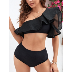 Falbala Lacy Solid Color Split-Joint One-Shoulder Bikini Swimsuit