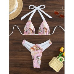Padded Backless Hollow Shell Printed Halter-Neck Bikini Swimsuit