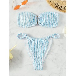 Color-Block Hollow Striped Padded Tube Bikini Swimsuit