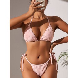Padded Backless Bandage Checkerboard Solid Color Bikini Swimsuit