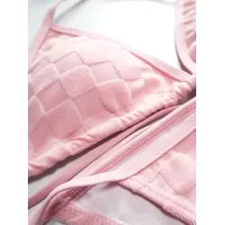 Padded Backless Bandage Checkerboard Solid Color Bikini Swimsuit