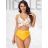 Padded Contrast Color Falbala Floral Printed Hollow Bikini Swimsuit