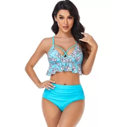 Padded Contrast Color Falbala Floral Printed Hollow Bikini Swimsuit