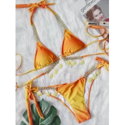 Padded Bandage Chains Shell Color-Block Bikini Swimsuit