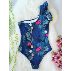 Floral One-Shoulder Falbala Tight One-Piece Swimwear