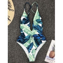 Leaf Printing  Deep V-Neck Backless One-Piece Swimwear