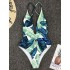 Leaf Printing  Deep V-Neck Backless One-Piece Swimwear