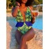 Floral-Print Falbala Split-Joint Deep V-Neck One-Piece Swimwear
