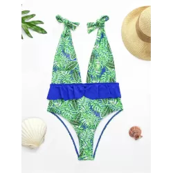Floral-Print Falbala Split-Joint Deep V-Neck One-Piece Swimwear