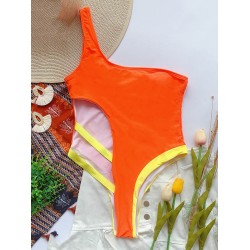 Contrast Color Split-Joint Asymmetric One-Shoulder One-Piece Swimwear