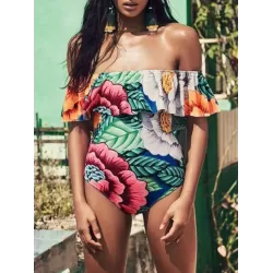 Off-The-Shoulder Floral One-Piece Swimwear