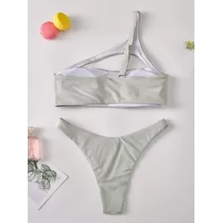 One-Shoulder Hollow Solid Color Split Bikini Swimsuit