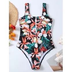 Floral Printed Zipper Backless One-Piece Swimwear