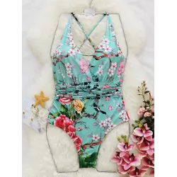 Floral Printed Deep-V-Neck Bandage One-Piece Swimwear