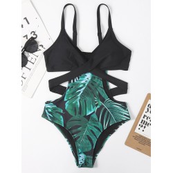 Monokini Spaghetti-Neck Monstera Ceriman Color-Block One-Piece Swimwear