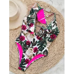 Floral Lion Print Falbala One Shoulder One-Piece Swimsuit