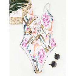 Floral-Print Bandage Hollow Split Bikini Swimsuit