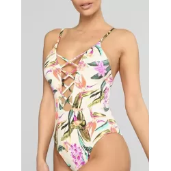 Floral-Print Bandage Hollow Split Bikini Swimsuit