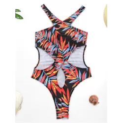 Floral-Print Bandage Hollow One-Piece Swimwear