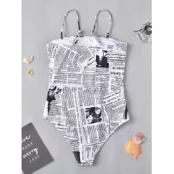Newspaper-Print One-Piece Swimwear