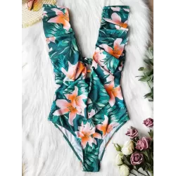 Floral Falbala Backless  One-Piece Swimsuit