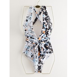 Deep V-Neck Leopard Double Color Split-Joint Bandage One-Piece Swimwear
