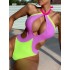 Fluorescent Contrast Color Split-Joint Hollow One-Piece Swimsuit