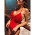 Padded Backless Contrast Color Lace-Up Split-Joint One-Piece Swimwear