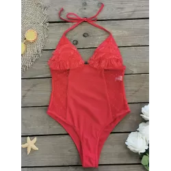 Padded Backless Contrast Color Lace-Up Split-Joint One-Piece Swimwear