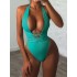 Padded Sleeveless Backless Belted Hollow Solid Color Woven Deep V-Neck One-Piece Swimwear