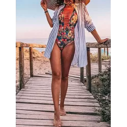 Floral Spaghetti-Neck Backless Hollow One-Piece Swimwear
