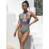 Multi-Colored Leopard Halterneck Bandage Hollow Backless One-Piece Swiwmear