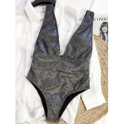 Deep V-Neck Sequined Padded Backless One-Piece Swimwear