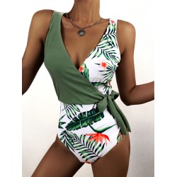Deep V-Neck Monstera Ceriman Split-Joint One-Piece Swimwear