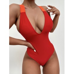 Deep V-Neck Solid Color Sexy Slim Backless One-Piece Swimwear
