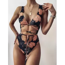 Floral Print Bandage Hollow Backless Sexy Slim One-Piece Swimwear
