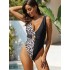 Deep V-Neck Color-Block Metal Button Sexy Slim One-Piece Swimwear