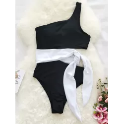 One-Shoulder Belly-Hollow Bandage Split-Joint One-Piece Swimsuit