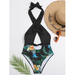Floral-Print Split-Joint Backless Halterneck One-Piece Swimwear