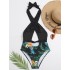 Floral-Print Split-Joint Backless Halterneck One-Piece Swimwear