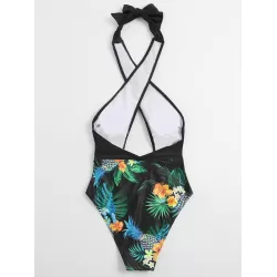 Floral-Print Split-Joint Backless Halterneck One-Piece Swimwear